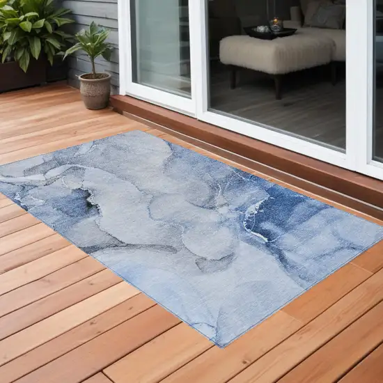 3' X 4' Blue and Gray Abstract Washable Non Skid Indoor Outdoor Area Rug Photo 1