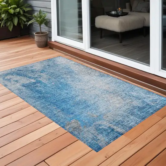 3' X 4' Blue and Gray Abstract Washable Non Skid Indoor Outdoor Area Rug Photo 1