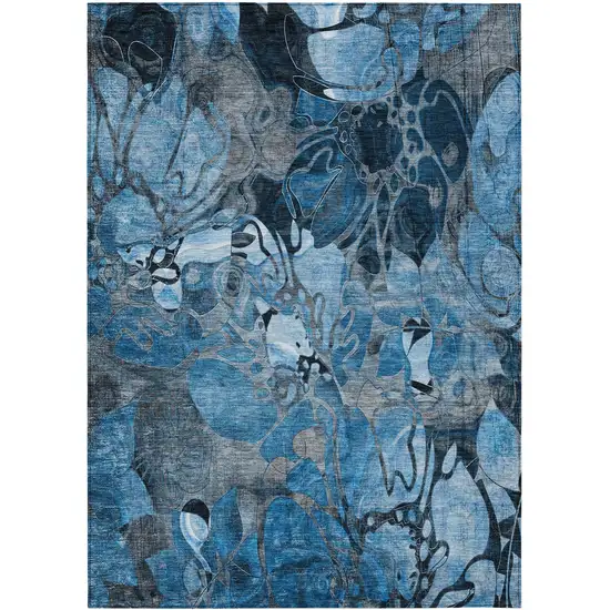 3' X 4' Blue and Gray Floral Washable Non Skid Indoor Outdoor Area Rug Photo 1