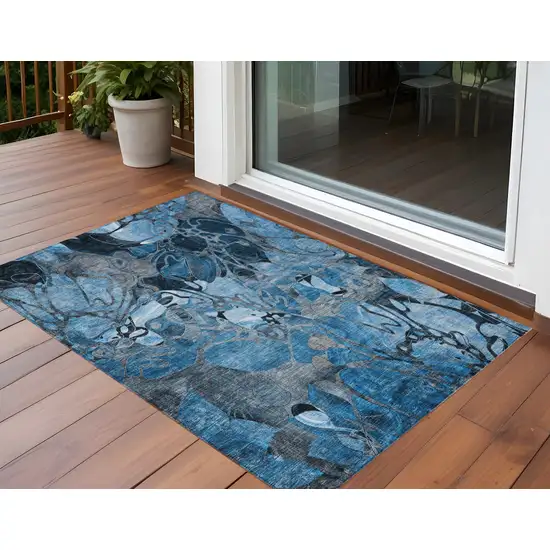 Blue and Gray Abstract Washable Indoor Outdoor Area Rug Photo 1