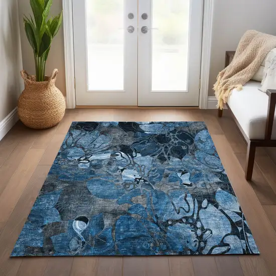 3' X 4' Blue and Gray Floral Washable Non Skid Indoor Outdoor Area Rug Photo 8