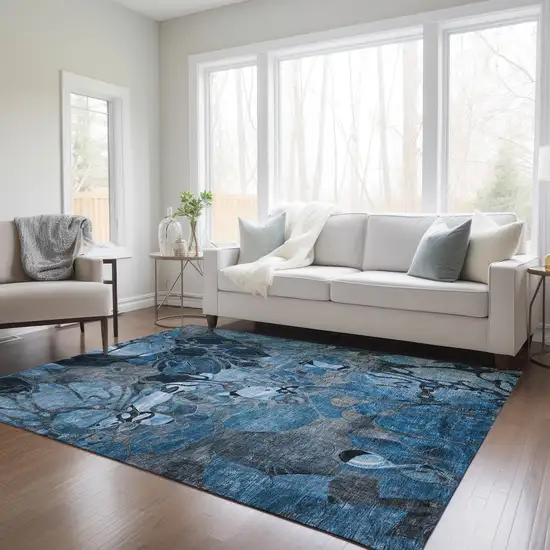 Blue and Gray Abstract Washable Indoor Outdoor Area Rug Photo 9