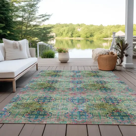 Blue and Green Floral Medallion Washable Non Skid Indoor Outdoor Area Rug Photo 9