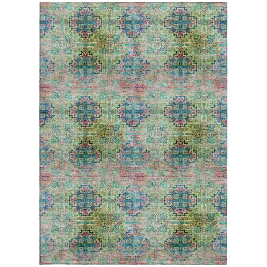 3' X 4' Blue and Green Floral Medallion Washable Non Skid Indoor Outdoor Area Rug Photo 2