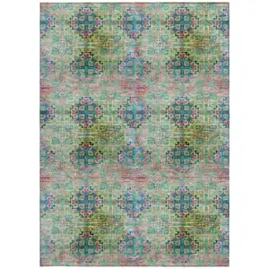 Photo of 3' X 4' Blue and Green Floral Medallion Washable Non Skid Indoor Outdoor Area Rug