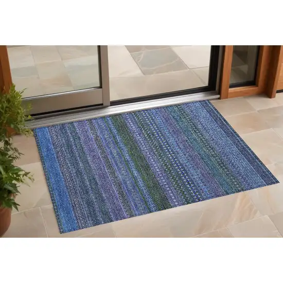 3' X 4' Blue and Green Striped Washable Non Skid Indoor Outdoor Area Rug Photo 1