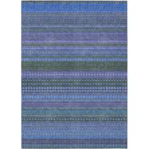 Photo of 3' X 4' Blue and Green Striped Washable Non Skid Indoor Outdoor Area Rug