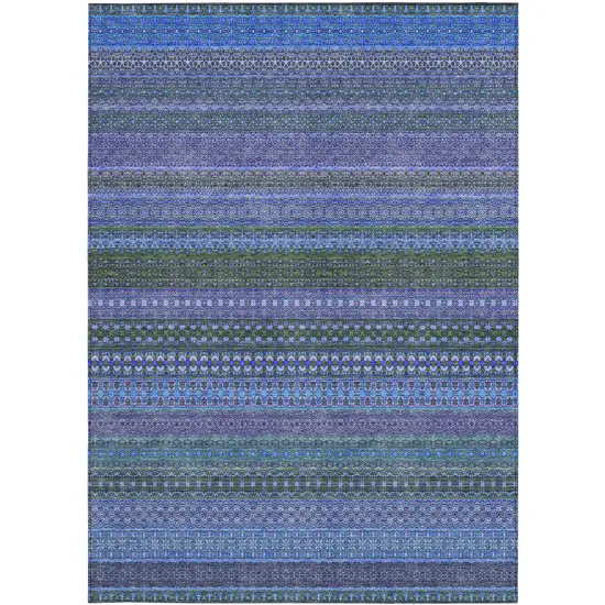 3' X 4' Blue and Green Striped Washable Non Skid Indoor Outdoor Area Rug Photo 4