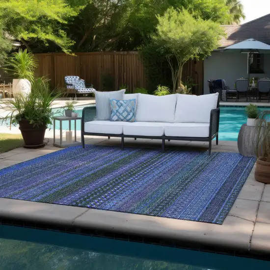 3' X 4' Blue and Green Striped Washable Non Skid Indoor Outdoor Area Rug Photo 8