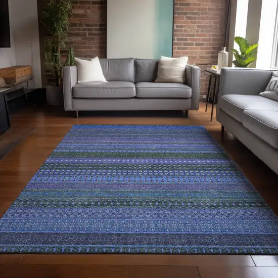 3' X 4' Blue and Green Striped Washable Non Skid Indoor Outdoor Area Rug Photo 9