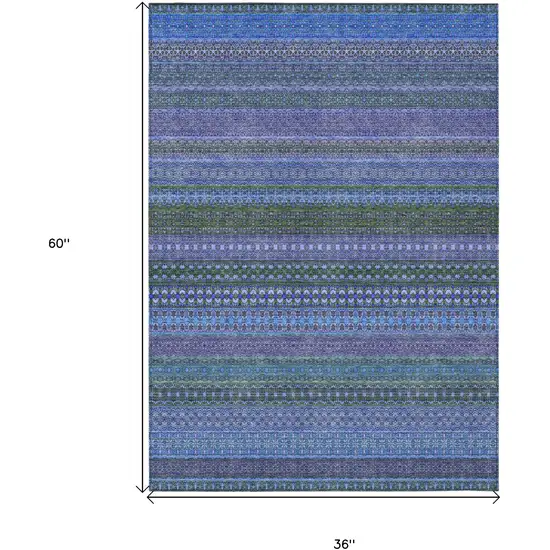 Blue and Green Striped Washable Non Skid Indoor Outdoor Area Rug Photo 3