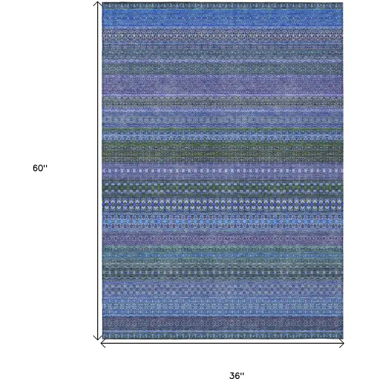 3' X 5' Blue and Green Striped Washable Non Skid Indoor Outdoor Area Rug Photo 3