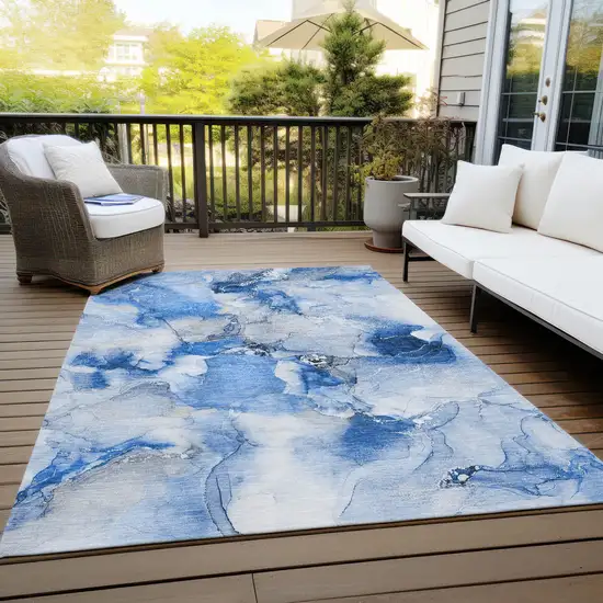 3' X 4' Blue and Ivory Abstract Washable Non Skid Indoor Outdoor Area Rug Photo 6