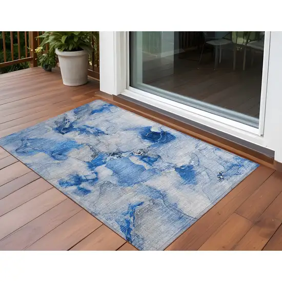 Navy Blue Abstract Washable Indoor Outdoor Area Rug Photo 1