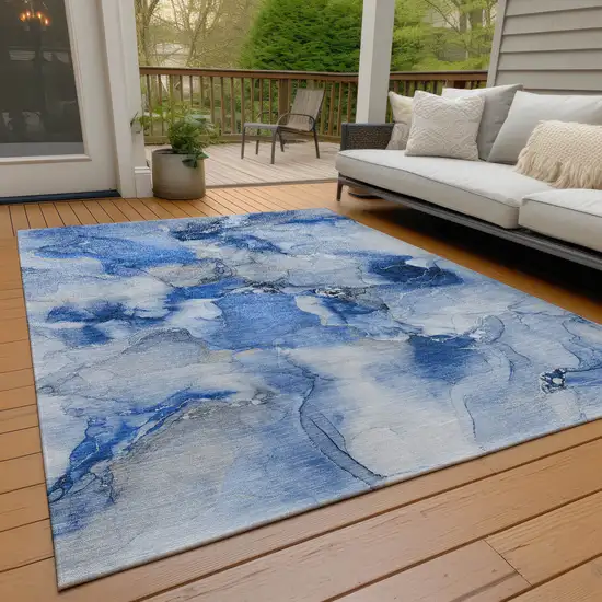 3' X 5' Blue and Ivory Abstract Washable Non Skid Indoor Outdoor Area Rug Photo 9