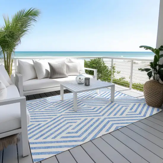 3' X 4' Blue and Ivory Geometric Washable Non Skid Indoor Outdoor Area Rug Photo 8