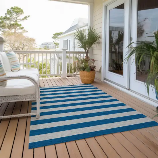 3' X 4' Blue and Ivory Striped Washable Non Skid Indoor Outdoor Area Rug Photo 6