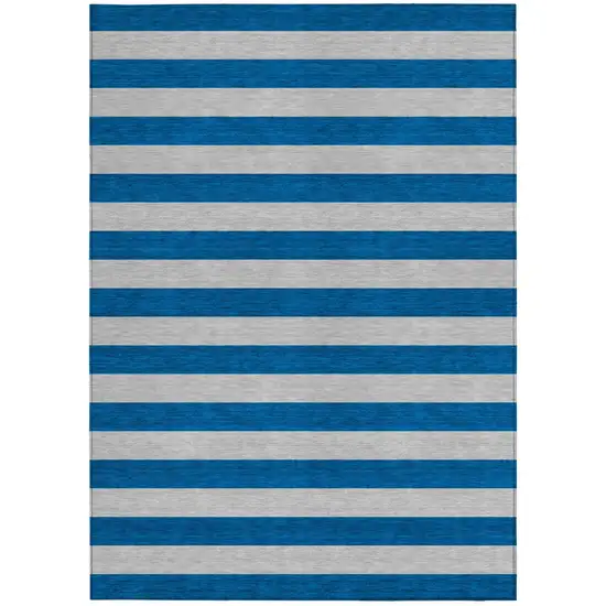 Blue and Ivory Striped Washable Indoor Outdoor Area Rug Photo 1