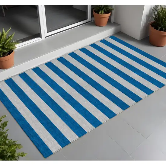 Blue and Ivory Striped Washable Indoor Outdoor Area Rug Photo 2