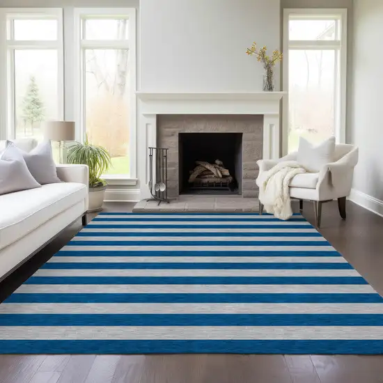 Blue and Ivory Striped Washable Indoor Outdoor Area Rug Photo 8