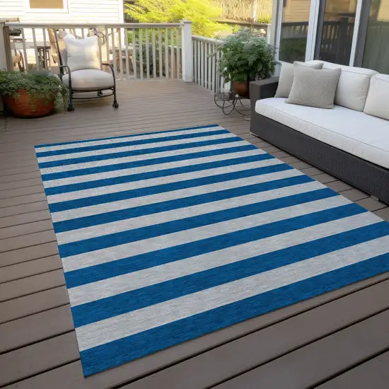 3' X 4' Blue and Ivory Striped Washable Non Skid Indoor Outdoor Area Rug Photo 9