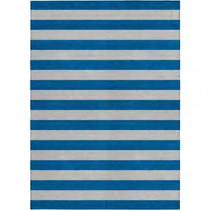 Photo of 3' X 5' Blue and Ivory Striped Washable Non Skid Indoor Outdoor Area Rug