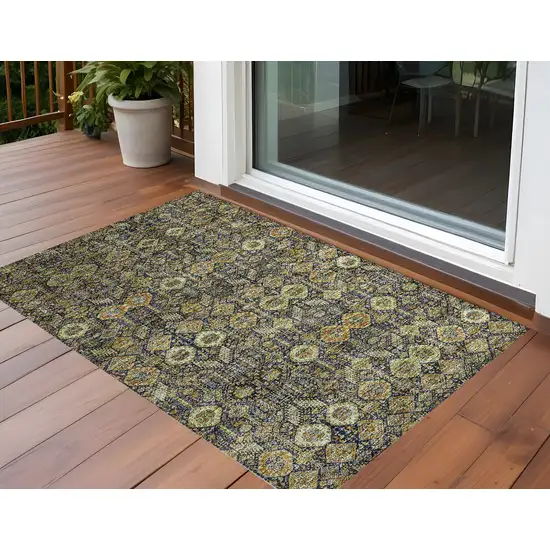 3' X 5' Blue and Orange Floral Washable Non Skid Indoor Outdoor Area Rug Photo 1