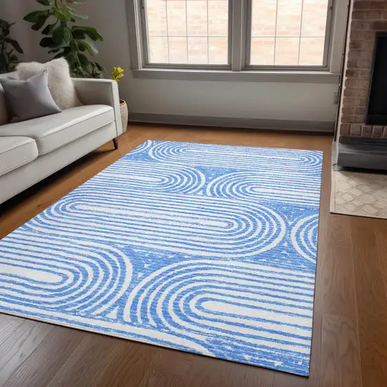 3' X 4' Blue and White Abstract Washable Non Skid Indoor Outdoor Area Rug Photo 8