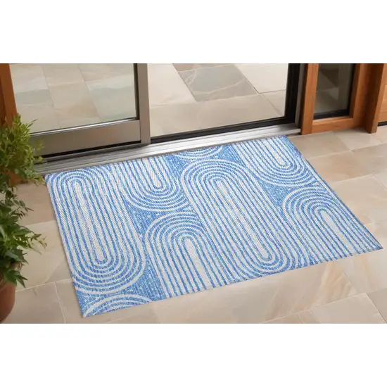 3' X 4' Blue and White Abstract Washable Non Skid Indoor Outdoor Area Rug Photo 1