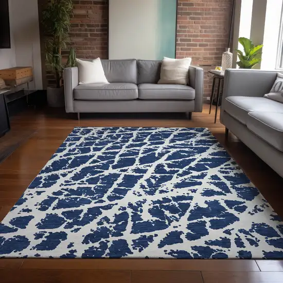 3' X 5' Blue and White Abstract Washable Non Skid Indoor Outdoor Area Rug Photo 9