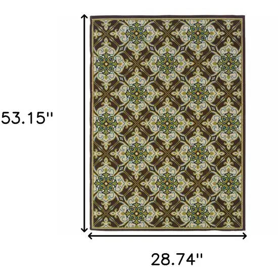 3' X 5' Brown Floral Stain Resistant Indoor Outdoor Area Rug Photo 5