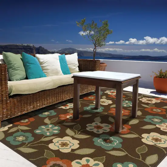 3' X 5' Brown Floral Stain Resistant Indoor Outdoor Area Rug Photo 4