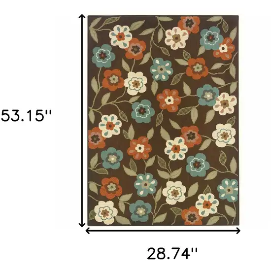 Brown and Ivory Floral Stain Resistant Indoor Outdoor Area Rug Photo 7