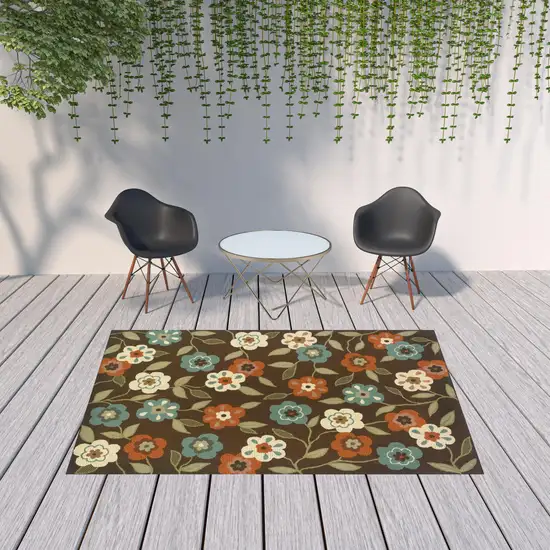 6' X 9' Brown Floral Stain Resistant Indoor Outdoor Area Rug Photo 2