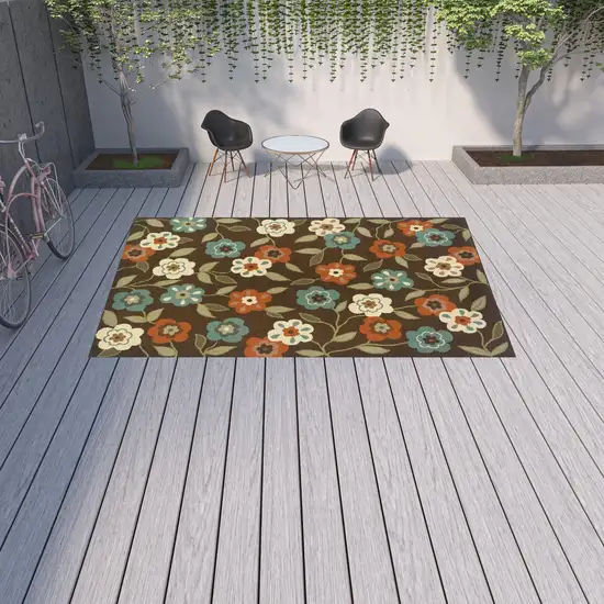 9' X 13' Brown Floral Stain Resistant Indoor Outdoor Area Rug Photo 2