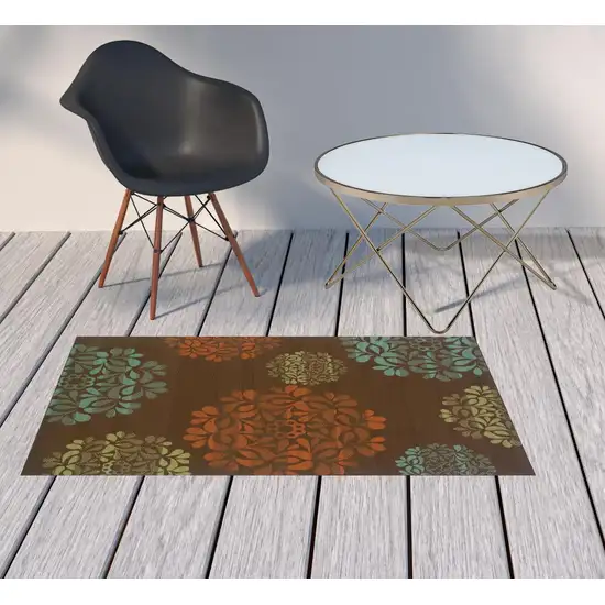 3' X 5' Brown Floral Stain Resistant Indoor Outdoor Area Rug Photo 2