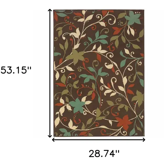 3' X 5' Brown Floral Stain Resistant Indoor Outdoor Area Rug Photo 4