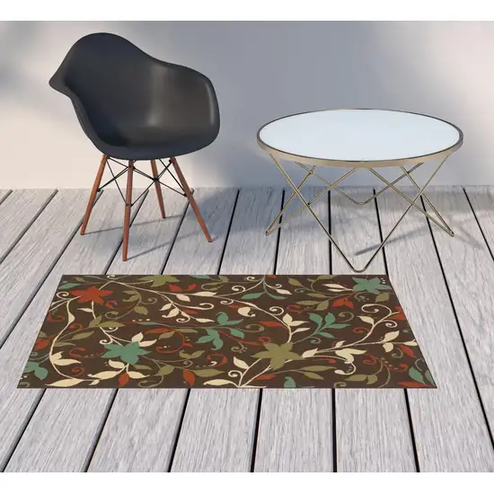 3' X 5' Brown Floral Stain Resistant Indoor Outdoor Area Rug Photo 2