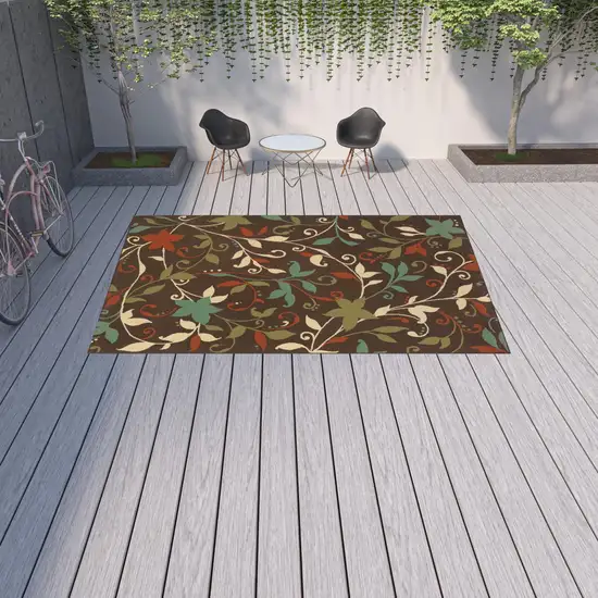 9' X 13' Brown Floral Stain Resistant Indoor Outdoor Area Rug Photo 2