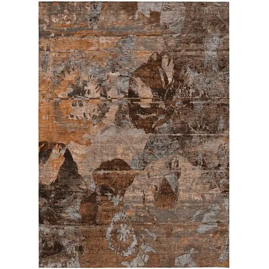 3' X 5' Brown Terracotta and Gray Floral Washable Non Skid Indoor Outdoor Area Rug Photo 2