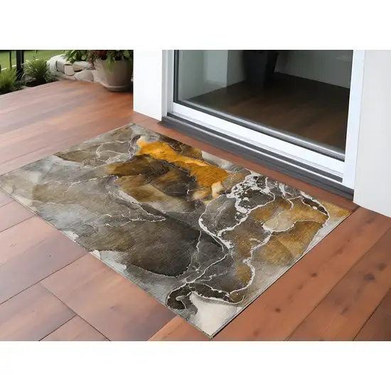 3' X 4' Brown and Gray Abstract Washable Non Skid Indoor Outdoor Area Rug Photo 1