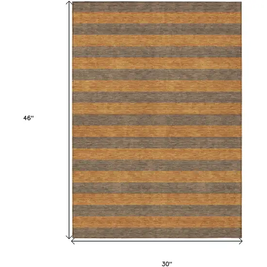 3' X 4' Brown and Tan Striped Washable Non Skid Indoor Outdoor Area Rug Photo 3