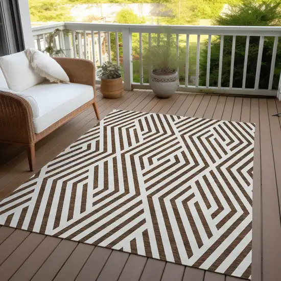 3' X 4' Brown and White Geometric Washable Non Skid Indoor Outdoor Area Rug Photo 8