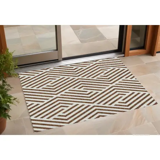 3' X 5' Brown and White Geometric Washable Non Skid Indoor Outdoor Area Rug Photo 1