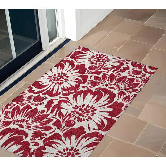 Burgundy and White Floral Washable Non Skid Indoor Outdoor Area Rug Photo 1