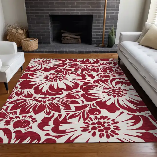 3' X 4' Burgundy and White Floral Washable Non Skid Indoor Outdoor Area Rug Photo 9