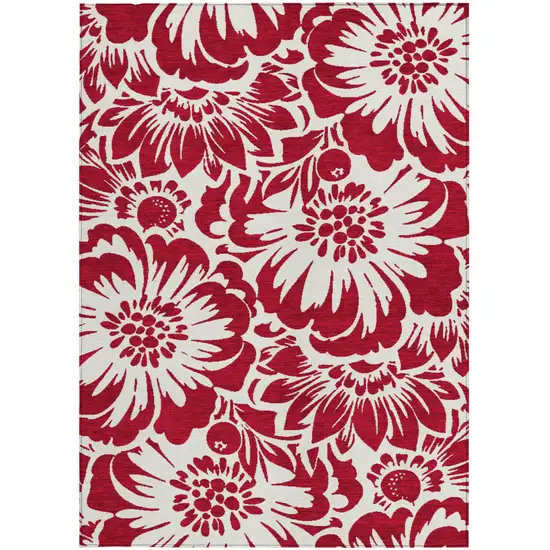 Burgundy and White Floral Washable Non Skid Indoor Outdoor Area Rug Photo 5