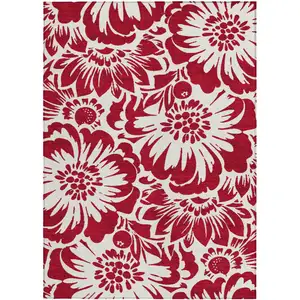 Photo of 3' X 5' Burgundy and White Floral Washable Non Skid Indoor Outdoor Area Rug