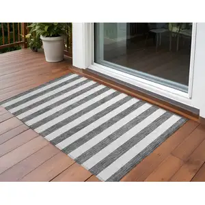 Photo of 3' X 4' Charcoal Striped Washable Non Skid Indoor Outdoor Area Rug