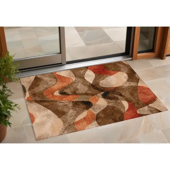 3' X 5' Chocolate Abstract Washable Non Skid Indoor Outdoor Area Rug Photo 1